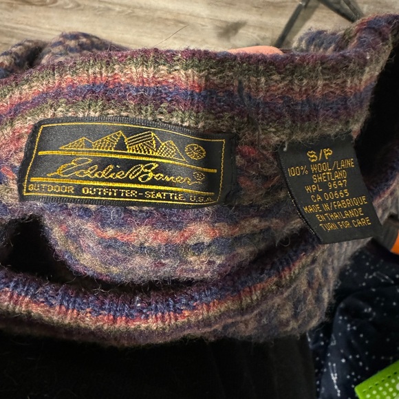Eddie Bauer 100% shetland knit wool pullover sweater jumper navy mixed color - Picture 3 of 3
